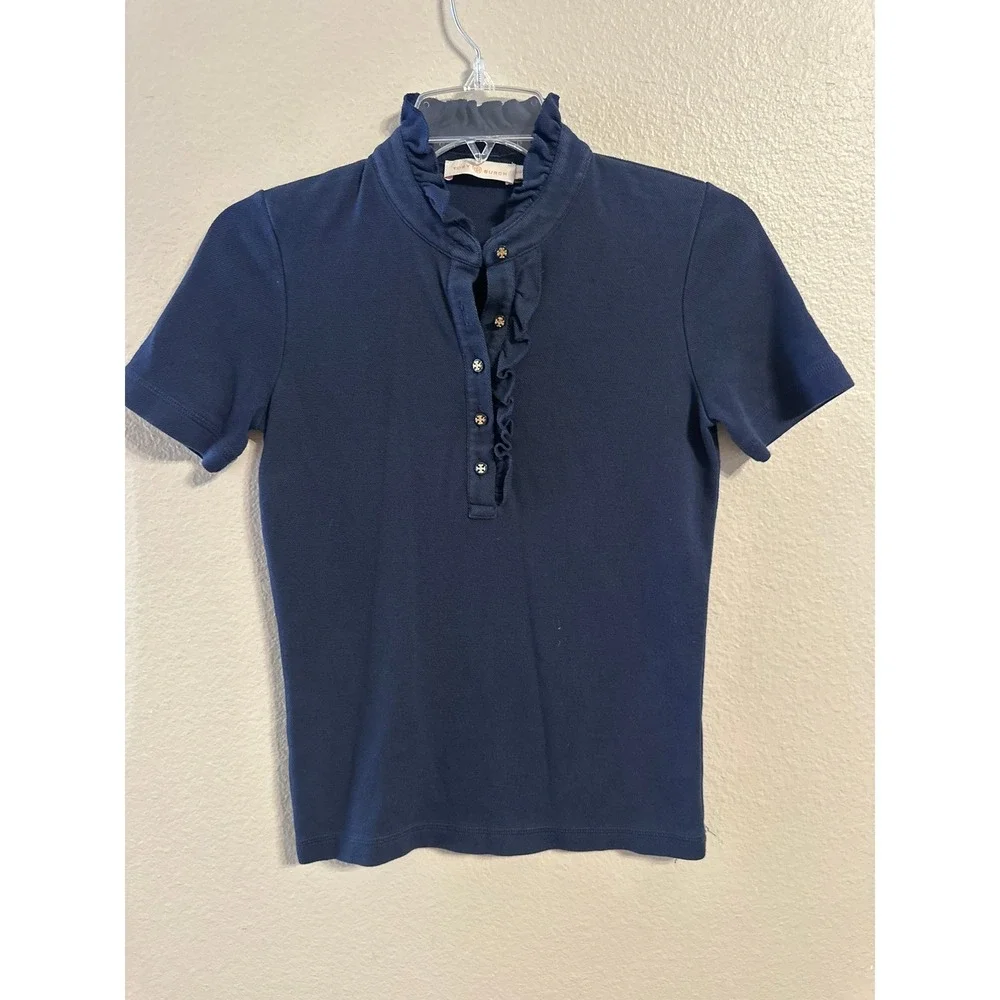 Tory Burch Navy Blue Short Sleeve Ruffle Collar Polo Shirt Top XXS